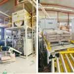 15KG Medinių granulių svėrimo užpildymo įpakavimas į padėklų liniją paruošta pristatymui